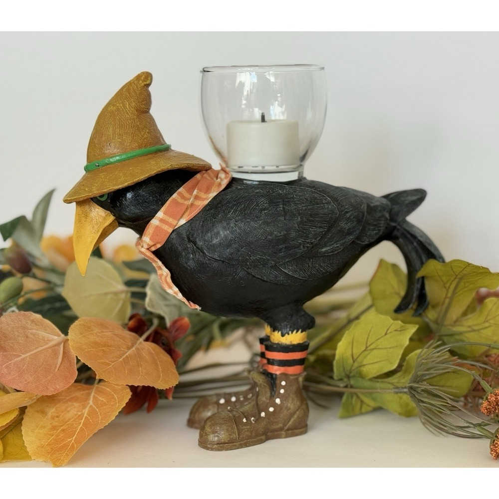 Dept 56‎ Halloween Crow/Raven Votive/Tealight Candle Holder Hat Scarf Boots EUC